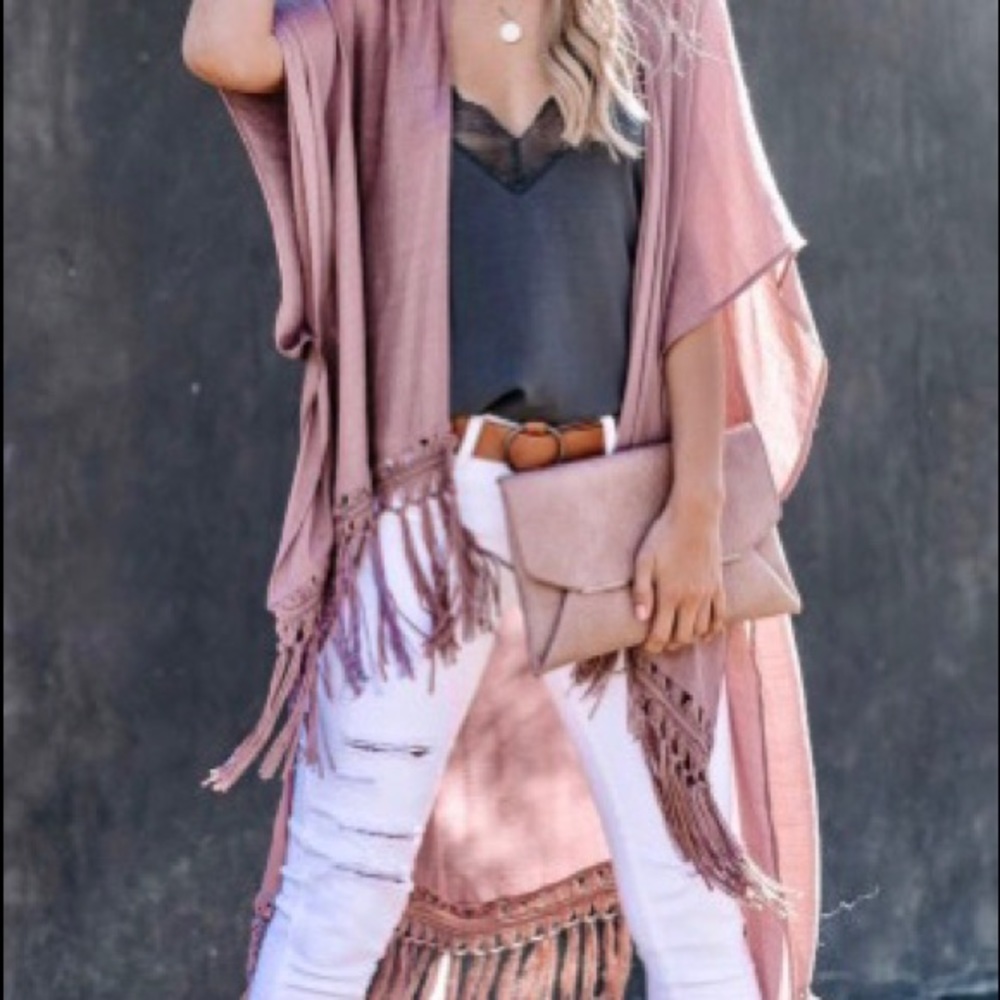 Fringe Open-Front Kimono in Dusty Rose - Women Tops
